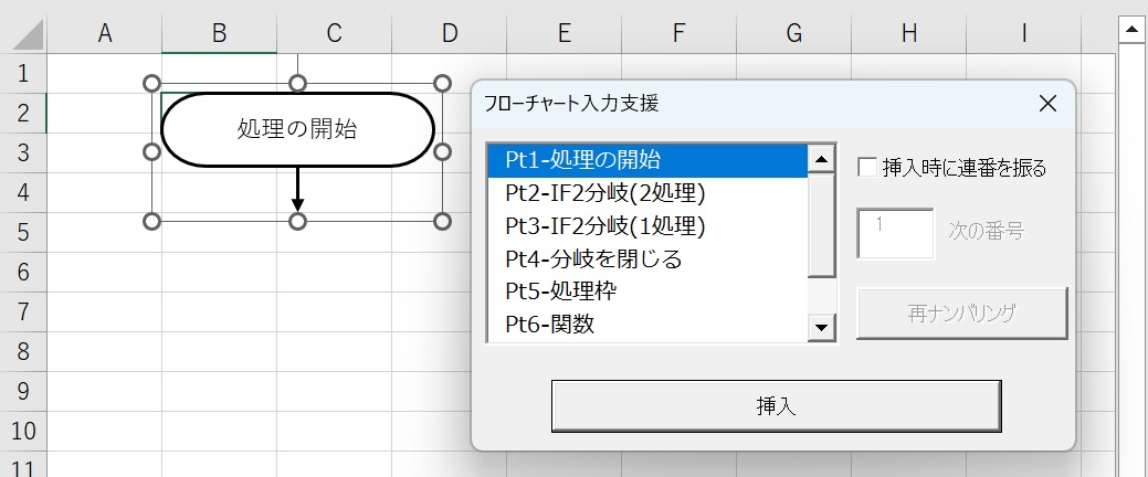 フローチャート入力支援マクロ　処理の開始を挿入