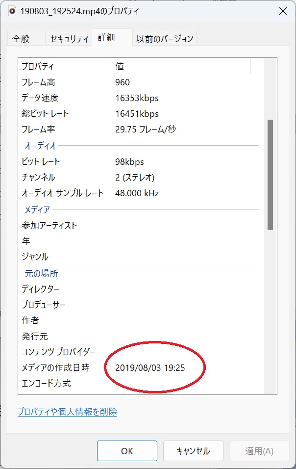 動画ファイルのプロパティ詳細タブ情報External information(Exif)